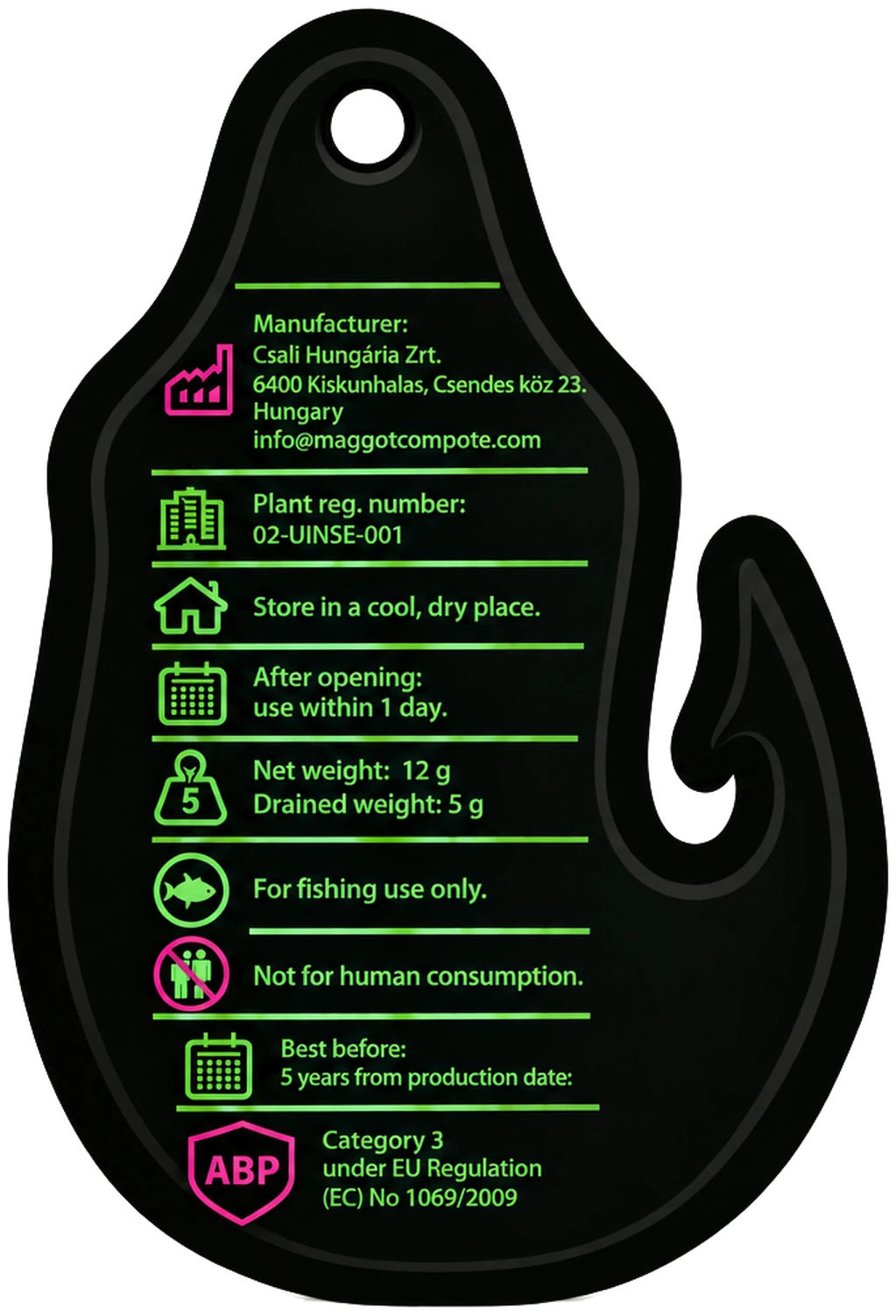Maggot Compote pouch – back label with manufacturer details, storage instructions, net and drained weight